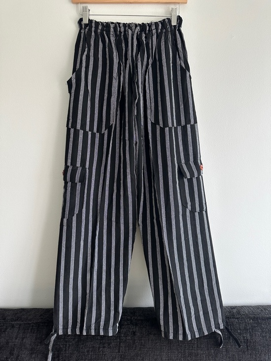 Handmade Pants - Peru/Ecuador Handmade Cotton Boho Black Gray Striped Unisex Joggers Pants Large